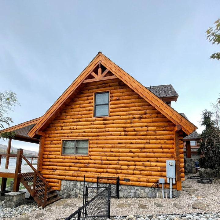 Pine Log Siding Stained with Lovitt's Emerald Gold in Natural color